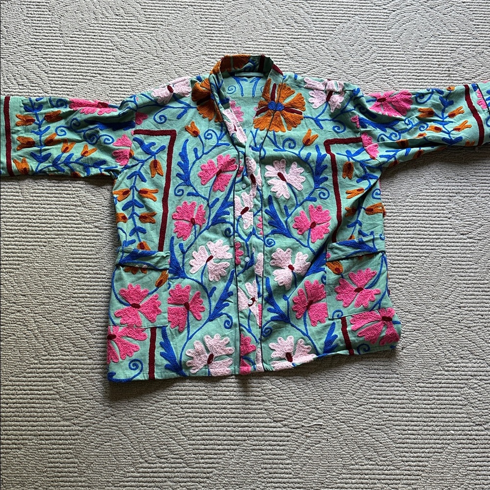 Handmade Floral Embroidered Jacket - Black with Pink & Green